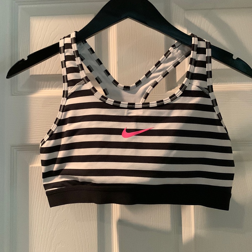 Nike sports bra. Black and white striped. Size large but fits like a medium.